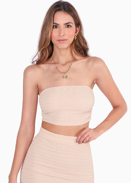 Crop top strapless color beige para mujer - Flashy