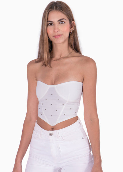 Crop top strapless tipo corset con perlas plateadas color marfil, blanco para mujer - Flashy