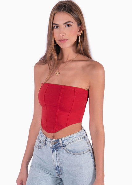 Crop top strapless tipo corset color rojo para mujer - Flashy