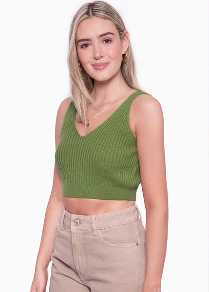 Crop top tejido con escote en v color verde para mujer - Flashy