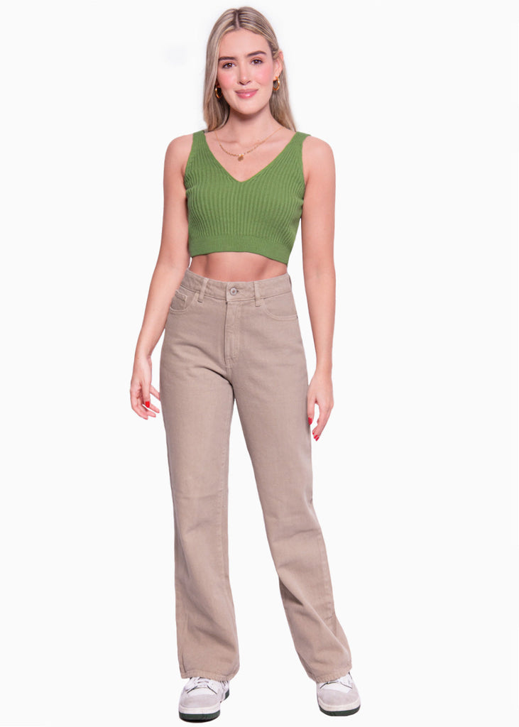 Crop top tejido con escote en v color verde para mujer - Flashy