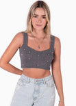 Crop top tejido de tiras con escote corazon color gris para mujer - Flashy