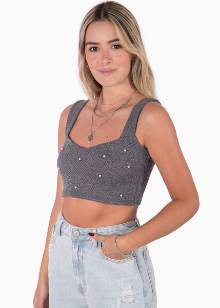 Crop top tejido de tiras con escote corazon color gris para mujer - Flashy