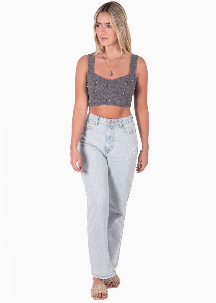 Crop top tejido de tiras con escote corazon color gris para mujer - Flashy