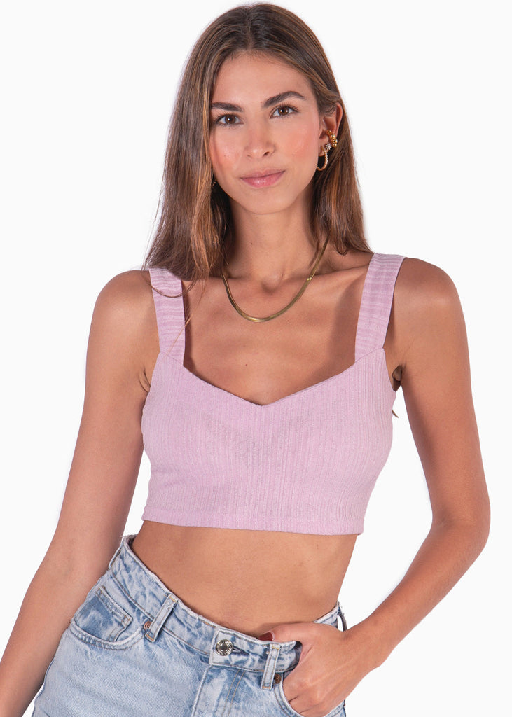 Crop top tejido de tiras con escote corazon color lila, morado para mujer - Flashy