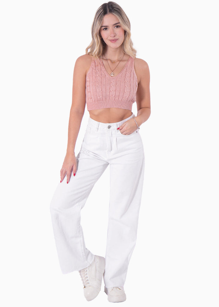 Crop top tejido de tiras con escote en v color rosado para mujer - Flashy