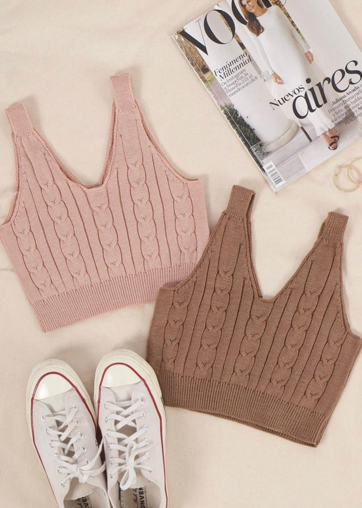 Crop top tejido de tiras con escote en v color rosado para mujer - Flashy