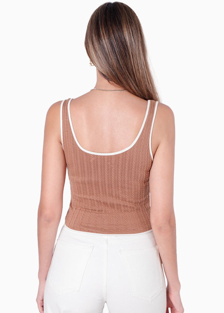 Crop top tejido de tiras con sesgos en contraste color café para mujer - Flashy