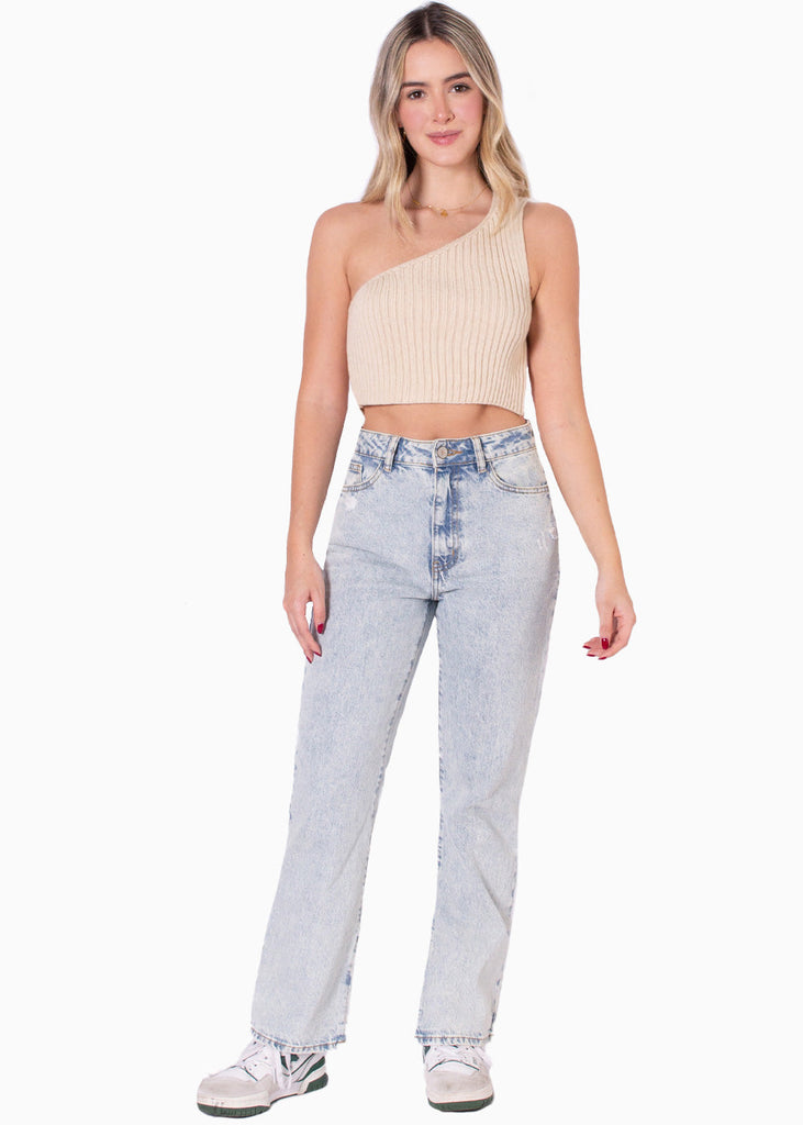 Crop top tejido de un solo hombro color beige para mujer - Flashy