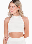 Crop top tejido tipo halter con espalda descubierta color blanco, marfil para mujer - Flashy