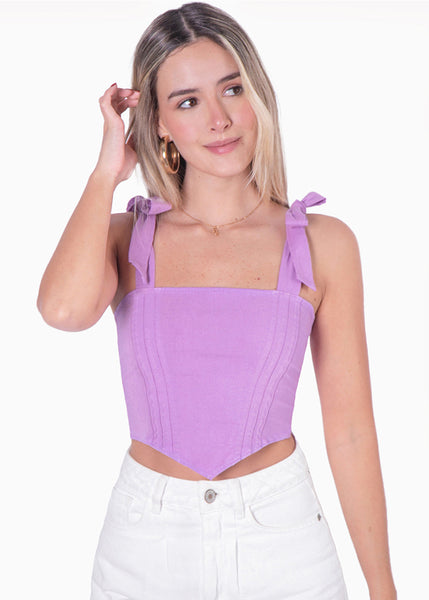 Crop top tipo corset con anudados en tiras y escote cuadrado color lila para mujer - Flashy