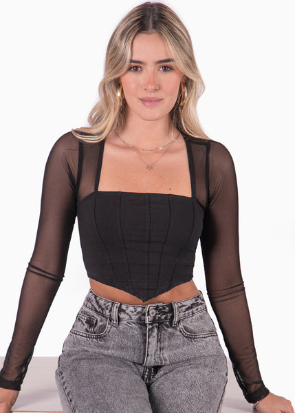 Crop top tipo corset con mangas largas en transparencia color negro para mujer - Flashy