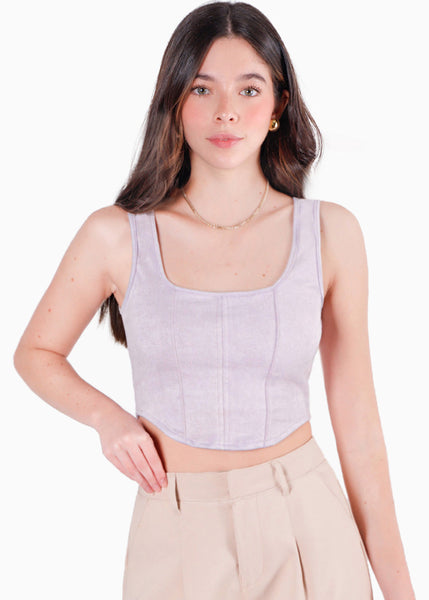 Crop top tipo corset de tiras y tipo gamuza color lila para mujer - Flashy