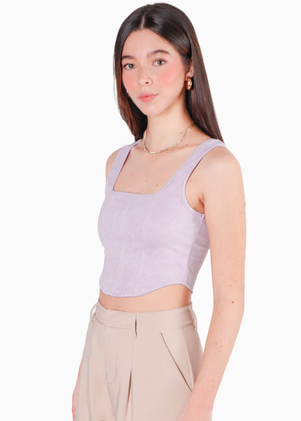 Crop top tipo corset de tiras y tipo gamuza color lila para mujer - Flashy