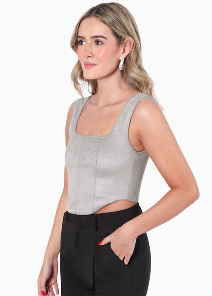 Crop top tipo corset de tiras y tipo gamuza color gris para mujer - Flashy