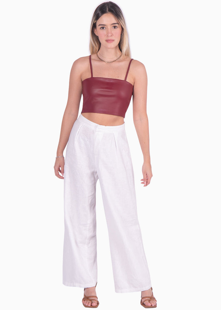Crop top tipo cuero de tiras con escote cuadrado color vino para mujer - Flashy