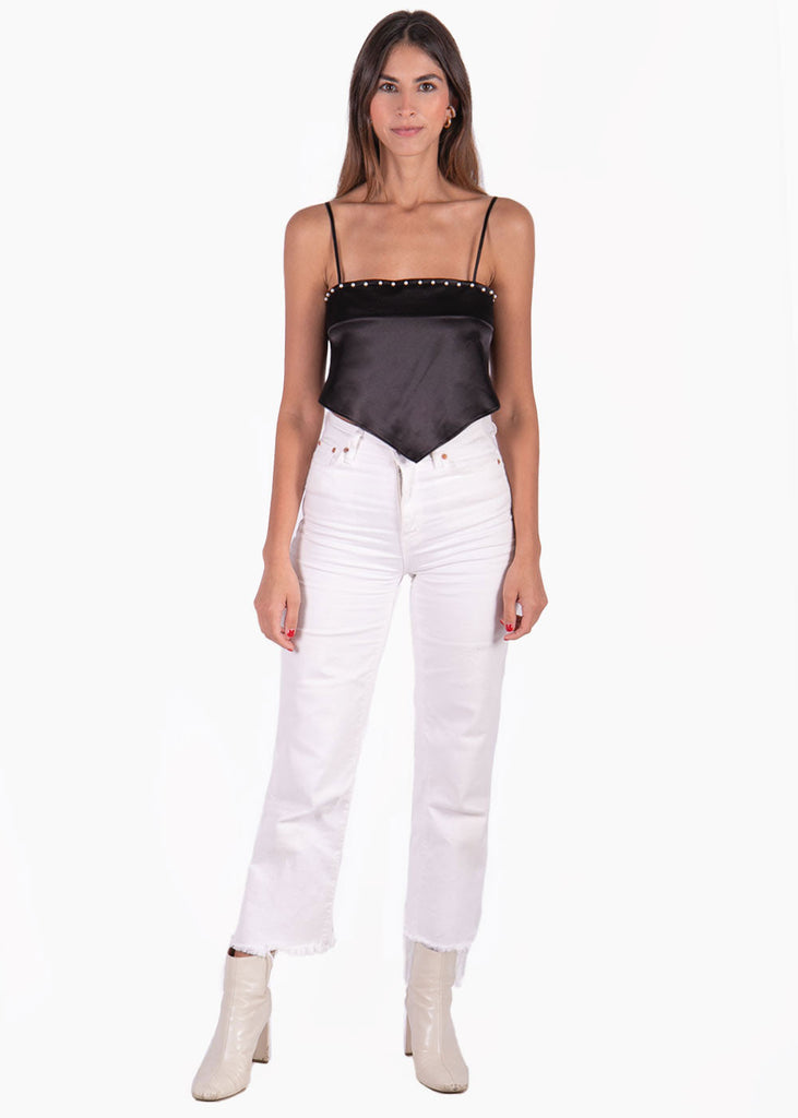 Crop top tipo pañoleta con perlas color negro para mujer - Flashy