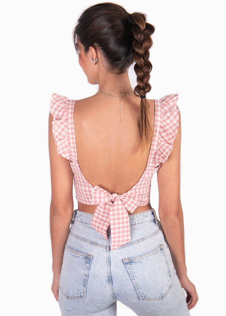 Crop top de tiras con cuello en v y boleros color rosado para mujer - Flashy