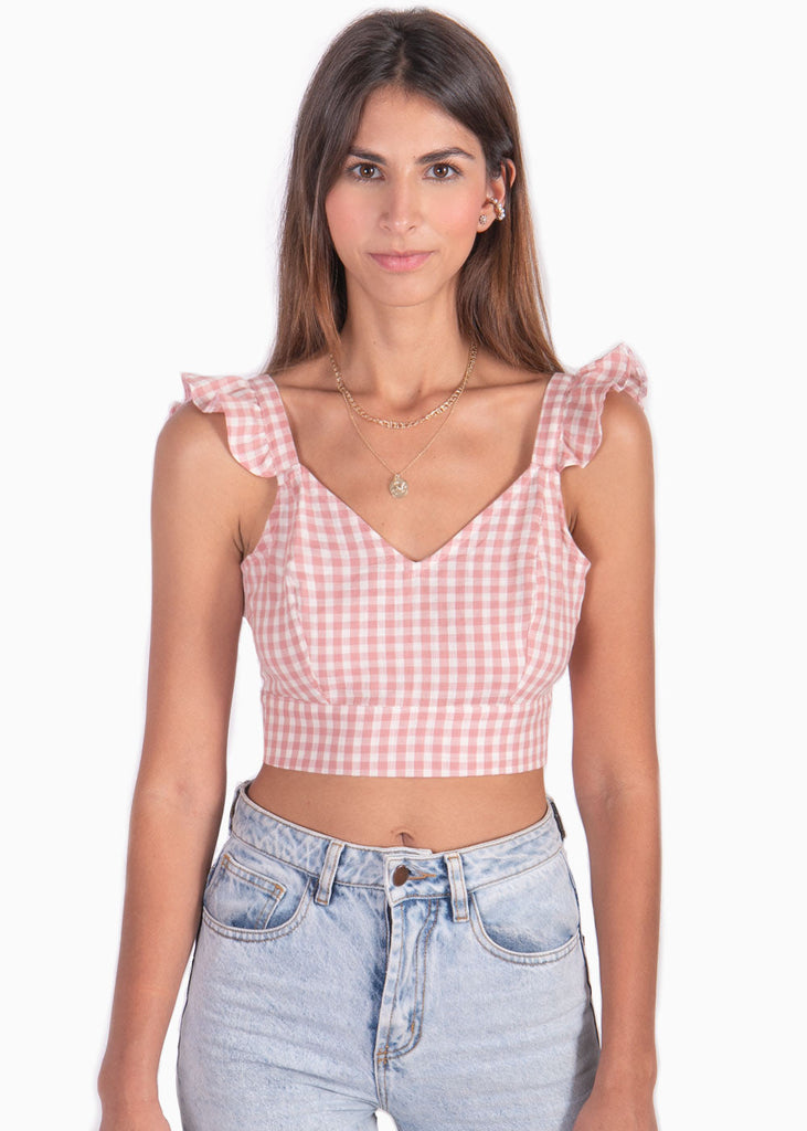 Crop top de tiras con cuello en v y boleros color rosado para mujer - Flashy