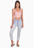 Crop top de tiras con cuello en v y boleros color rosado para mujer - Flashy