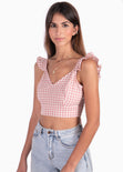Crop top de tiras con cuello en v y boleros color rosado para mujer - Flashy