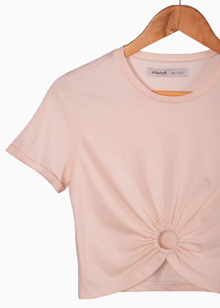 Camiseta crop manga corta con aro color rosado para mujer - Flashy