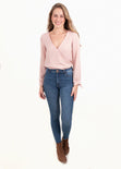 Blusa cruzada rosada con moños en mangas para mujer - Flashy