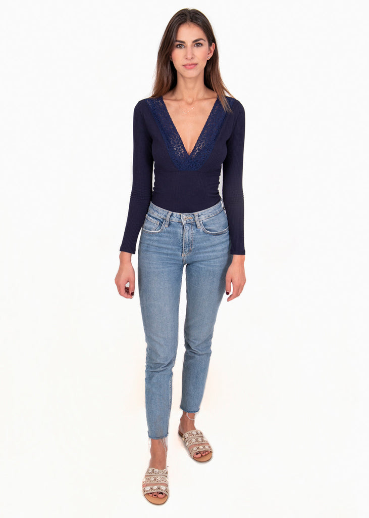 Blusa manga larga con escote de encaje para mujer - Flashy
