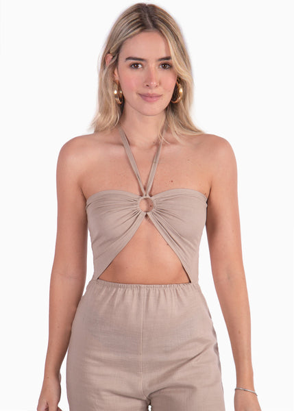 Enterizo de pantalón con aro en escote color café, beige para mujer - Flashy