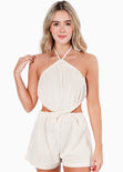 Enterizo de short con anudado en escote y aberturas color beige para mujer - Flashy
