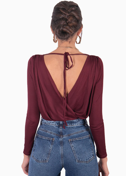 Body drapeado manga larga color vino para mujer - Flashy