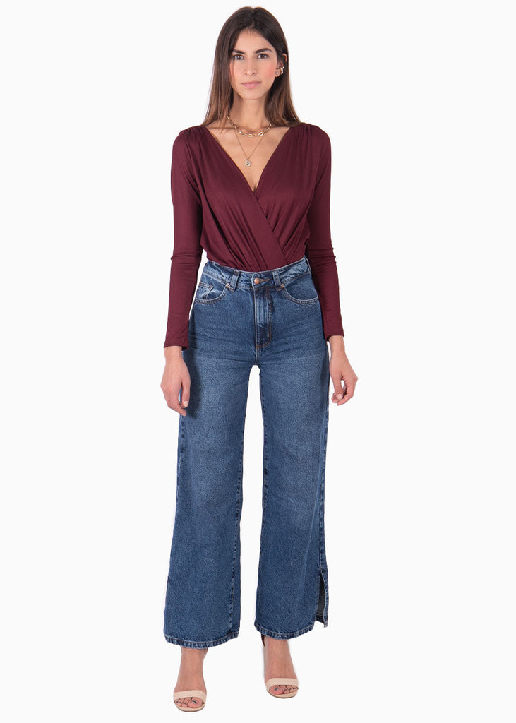 Body drapeado manga larga color vino para mujer - Flashy