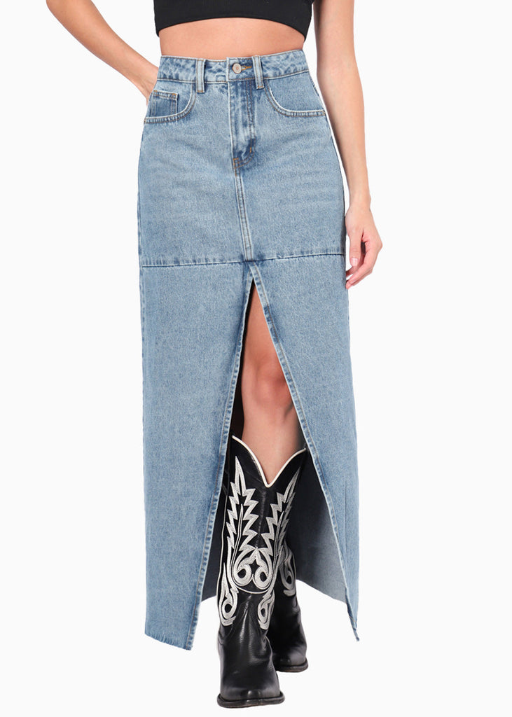 Falda larga de jean con abertura en frente color azul, denim para mujer - Flashy