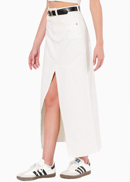 Falda larga de jean con abertura en frente color marfil, denim, blanco para mujer - Flashy