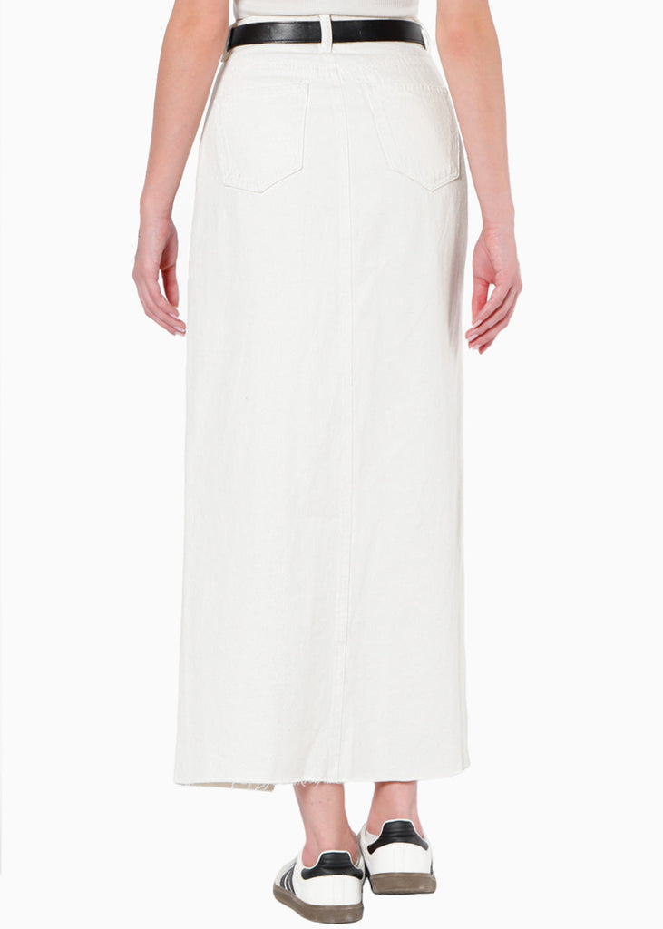 Falda larga de jean con abertura en frente color marfil, denim, blanco para mujer - Flashy