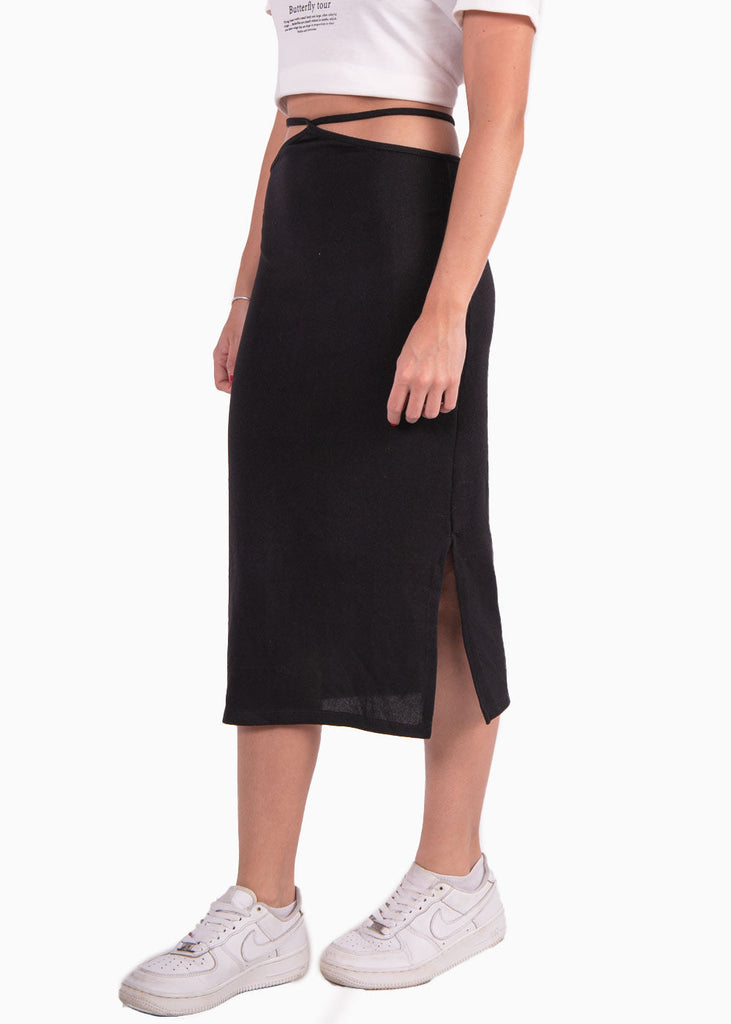 Falda larga tejida con anudados en costados color negro para mujer - Flashy