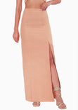 Falda larga tipo lino con abertura en costado color beige para mujer - Flashy