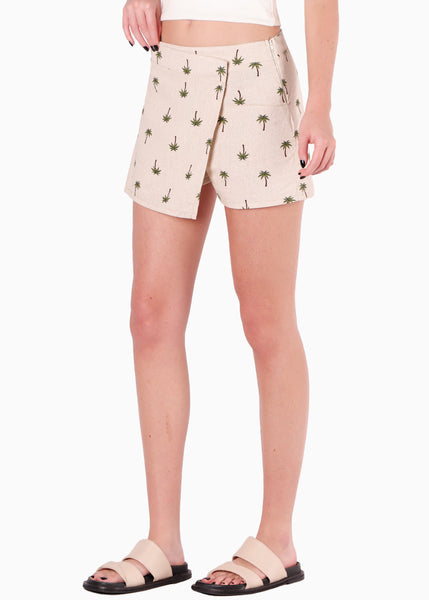 Falda short cruzada con estampado de palmeras color beige para mujer - Flashy