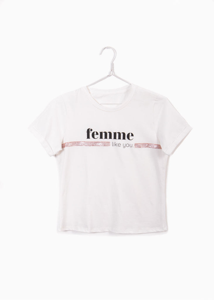 Camiseta con lentejuelas y estampado "Femme" para mujer - Flashy