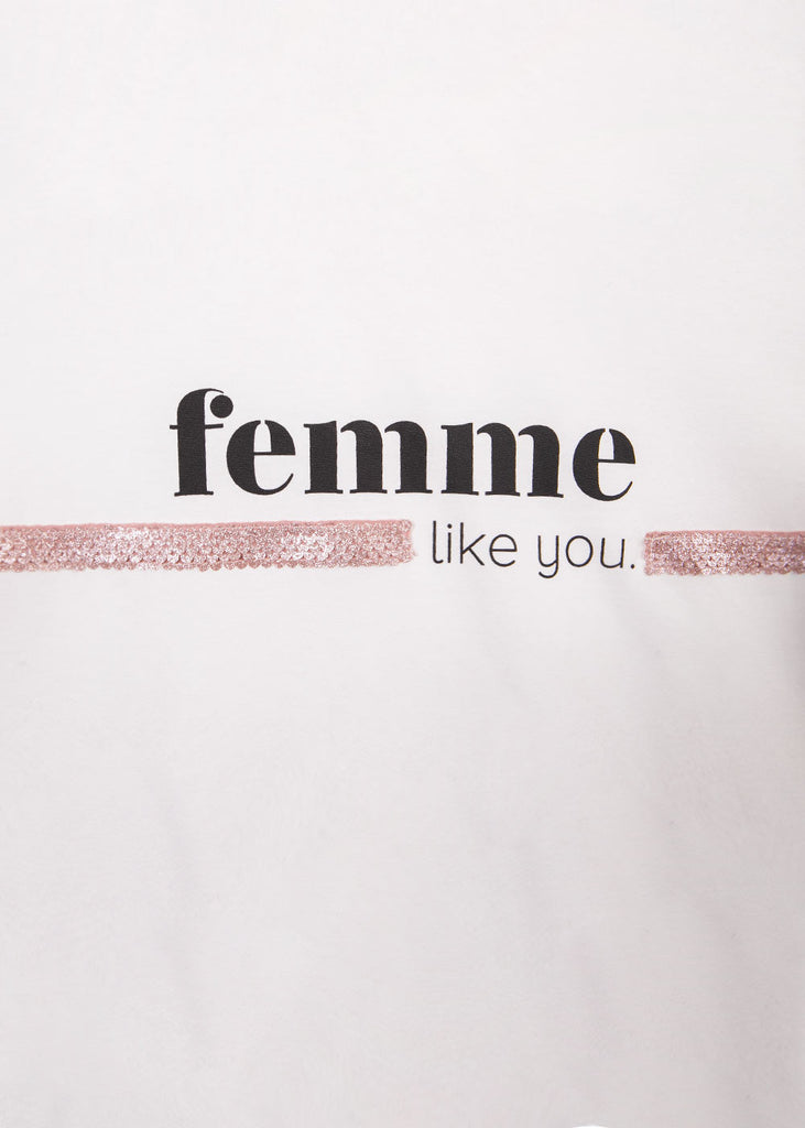 Camiseta con lentejuelas y estampado "Femme" para mujer - Flashy
