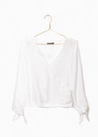 Blusa cruzada blanca con moños en mangas para mujer - Flashy