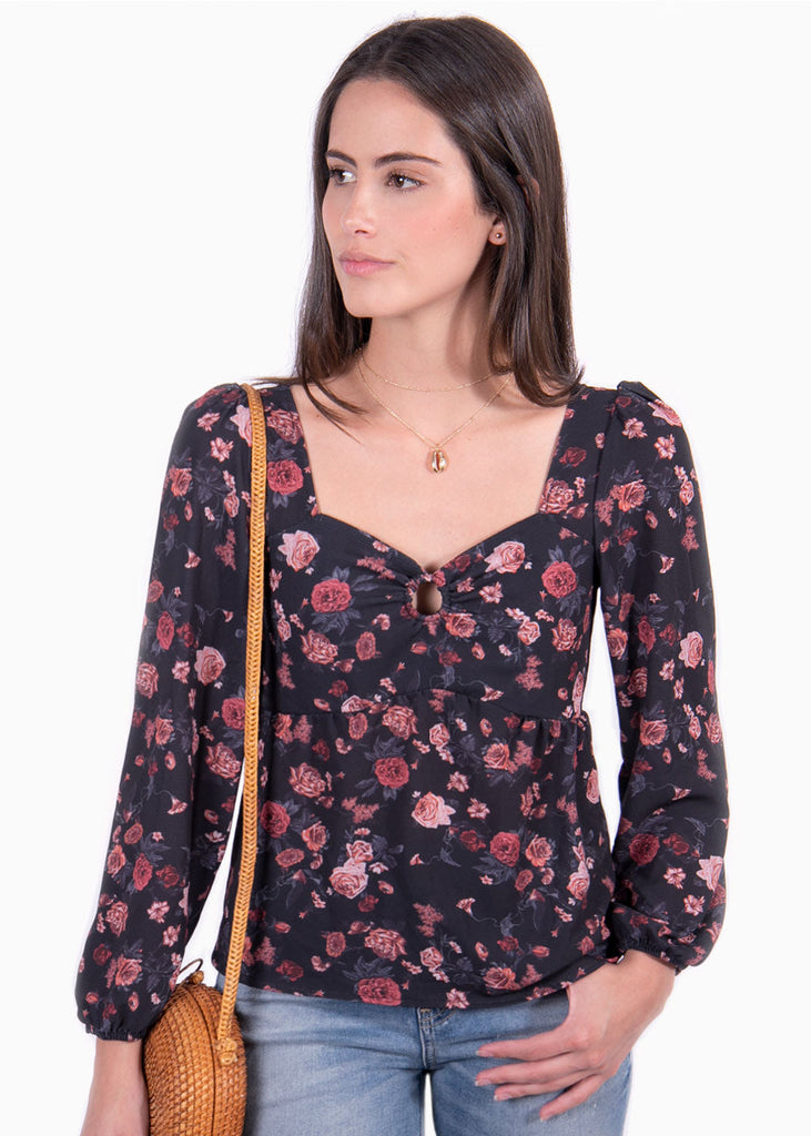 Blusa de flores manga larga con escote cuadrado para mujer - Flashy