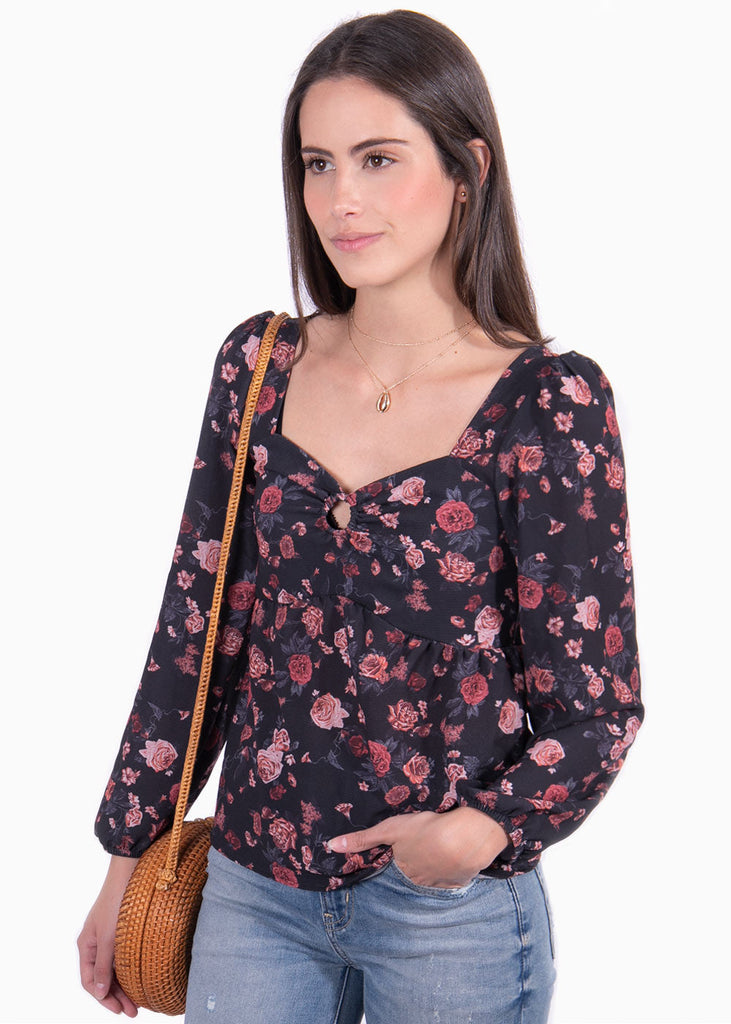Blusa de flores manga larga con escote cuadrado para mujer - Flashy