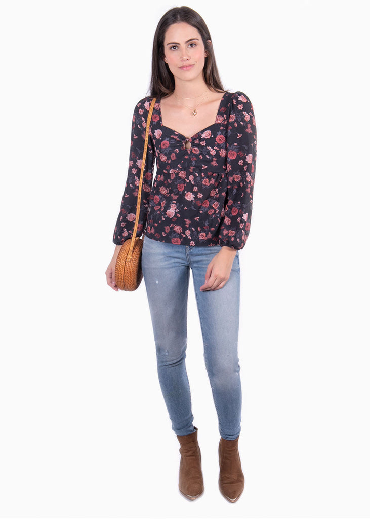 Blusa de flores manga larga con escote cuadrado para mujer - Flashy