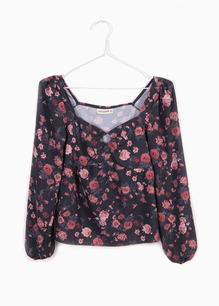 Blusa de flores manga larga con escote cuadrado para mujer - Flashy