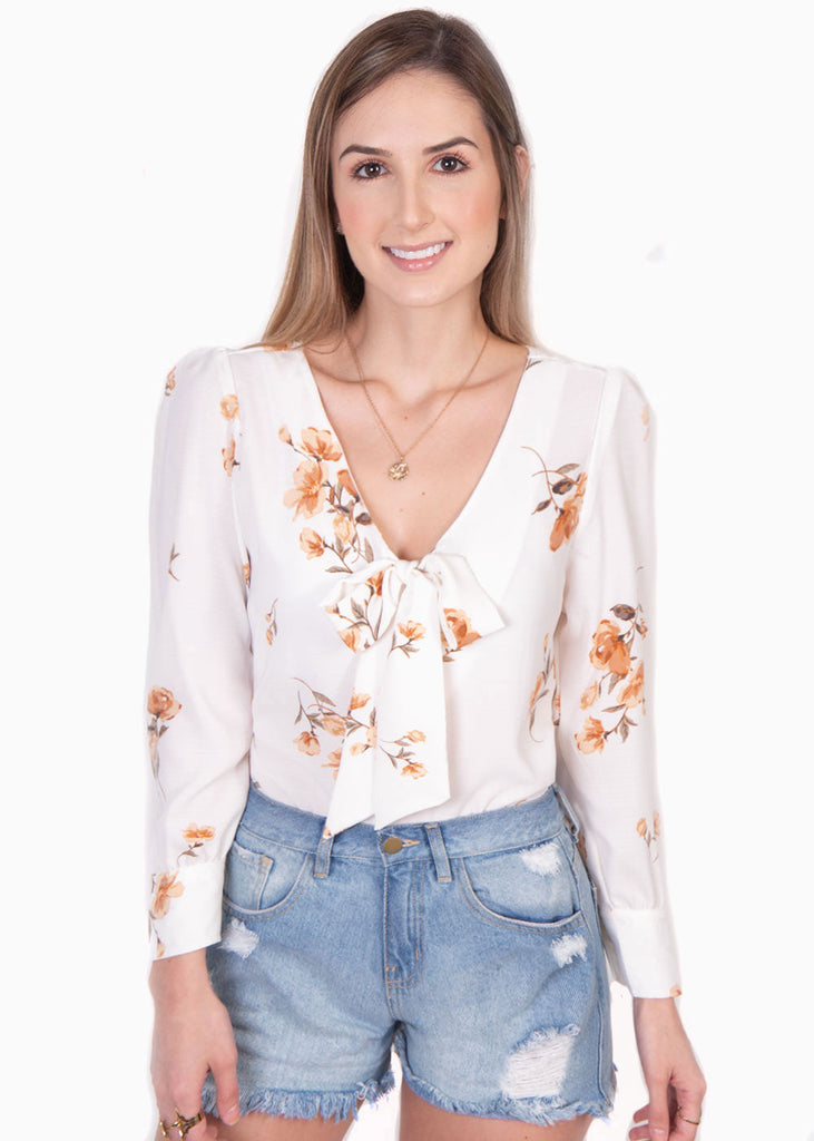 Blusa de flores manga larga con anudado en escote para mujer - Flashy
