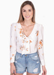 Blusa de flores manga larga con anudado en escote para mujer - Flashy