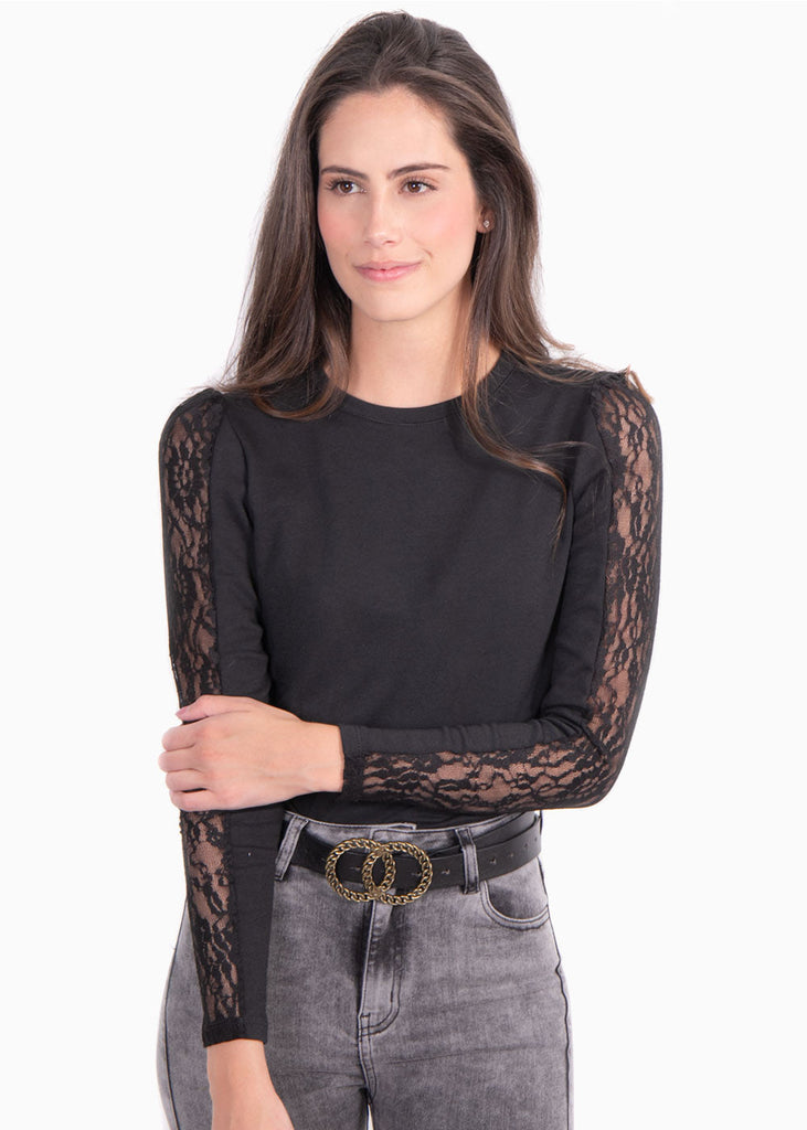Buso con recogido en mangas y franja de encaje para mujer - Flashy