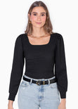 Blusa manga larga con escote cuadrado y mangas embombadas color negro para mujer - Flashy