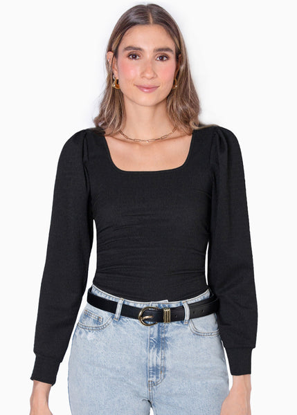 Blusa manga larga con escote cuadrado y mangas embombadas color negro para mujer - Flashy